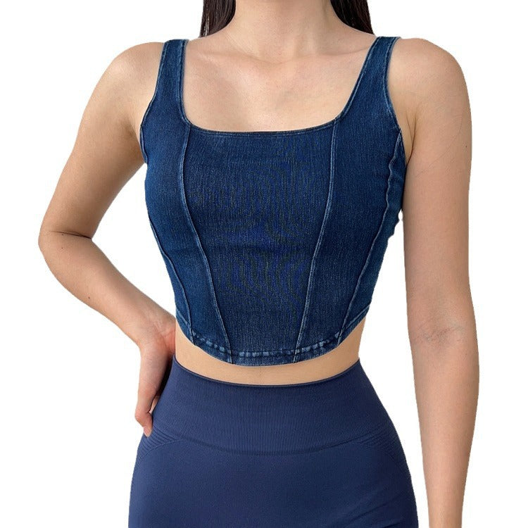 qgtao barn jacket outfits Denim-like Sports Camisole New Summer Thin Stretch Sexy Outerwear Stretch Fitness Top