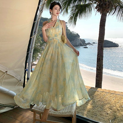 2025 women's clothing high-end coffee break skirt temperament lace-up smudge oil painting print dress beautiful Spice Girl princess dress