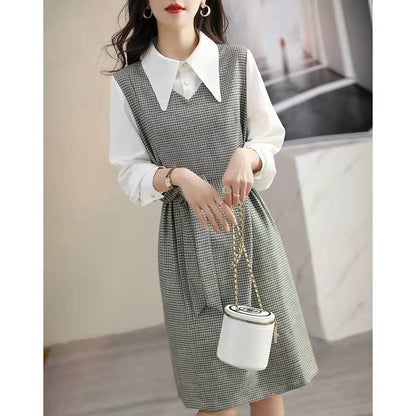 qgtao business casual outfits for women Autumn New Commuter Elegant Socialite Age-Reducing Stitching Fake Two Pieces Dress Women