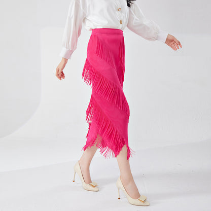 fringed skirt spring and summer high sense irregular medium and long temperament versatile straight hip skirt Popular style