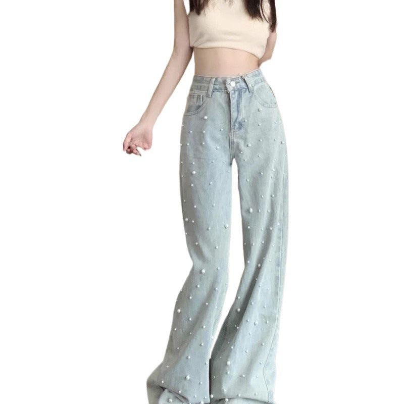 qgtao dti outfits Straight Denim Wide-Leg Pants Beaded High Waist Slimming Trousers Women's Niche Design Spring Mop Pants Fashion