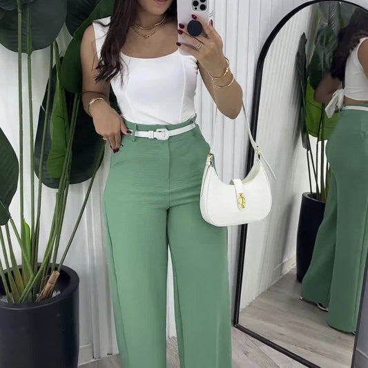 qgtao business casual women outfits chic Solid Color Square Collar Sling Simple Elegant Top with High Waist Wide Leg Straight Trousers Two-Piece Set