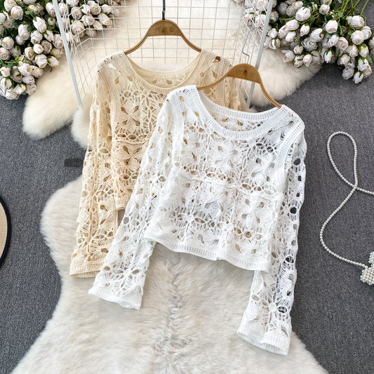 qgtao outfit inspo Long Sleeve Round Neck Hollow-out Crocheted Sweet Sweater Korean Style round Neck Fashion Casual Seaside Vacation Long Sleeve Top for Women