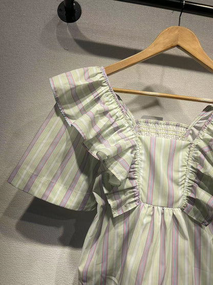 2025 GA Home Fresh and Sweet Striped Lotus Leaf Edge Square Neck Short Sleeve Cotton Shirt Cute Doll Neck Shirt Women's Premium Sense