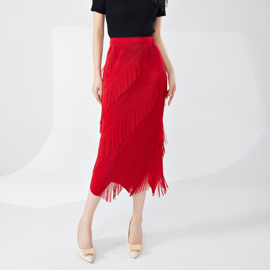 fringed skirt spring and summer high sense irregular medium and long temperament versatile straight hip skirt Popular style