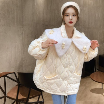 Three-dimensional bear rhombus down cotton-padded clothes for women's  new small winter coat fur collar thickened cotton-padded clothes