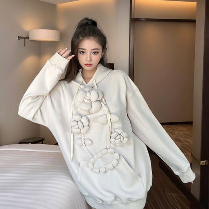 autumn new loose casual niche hoodie flower medium and long pullover hooded sweater thickened women's tide