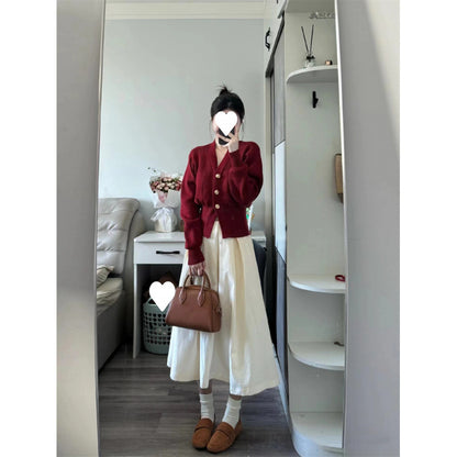 Temperament red collar long-sleeved knitted sweater women's autumn new  high-waisted skirt fashion suit women's trend