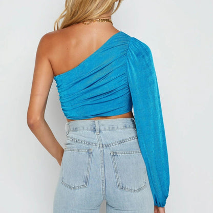 2025  ins fashionable and sexy women's tops  summer new slanted shoulder long-sleeved solid color pleated slim-fit small vest