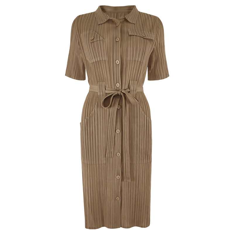 Large size dress 2025 spring new clothing slim high waist solid color pleated lapel medium and long wholesale women's clothing