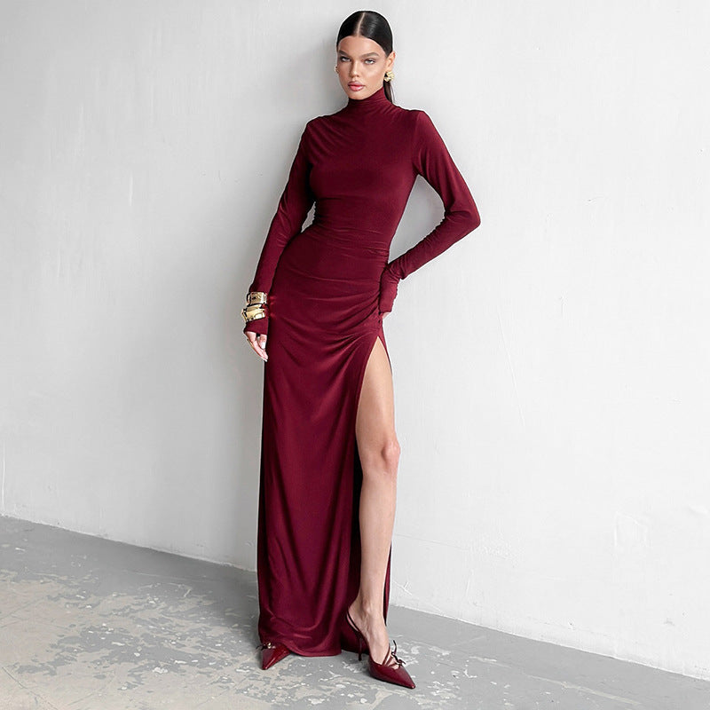 qgtao old money outfits men Women's Autumn Elegant Turtleneck Long Sleeve Slim High Waist Pleated Slit Length Dress