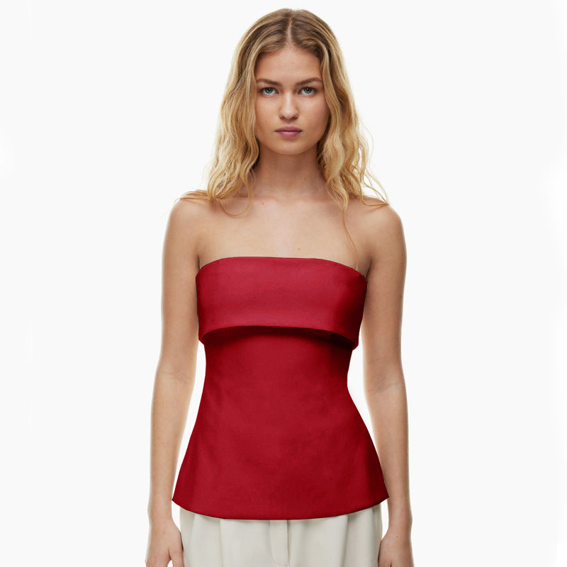 qgtao going out outfits  Women's Summer New Solid Color Sleeveless Backless Wide Lapel Slit Tube Top Sexy Top for Women