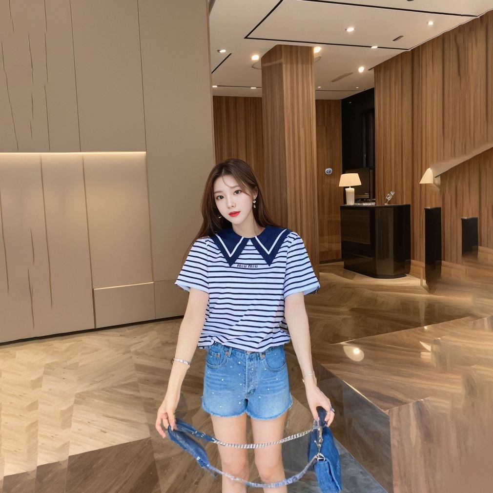 Summer Women's Solid Color Doll Collar Short Sleeve Cotton T-Shirt Women's Summer Loose Stripe Spice Girl Short Top Women's