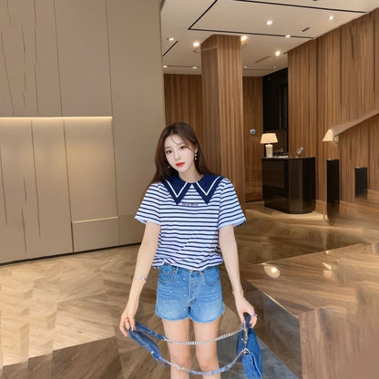 Summer Women's Solid Color Doll Collar Short Sleeve Cotton T-Shirt Women's Summer Loose Stripe Spice Girl Short Top Women's