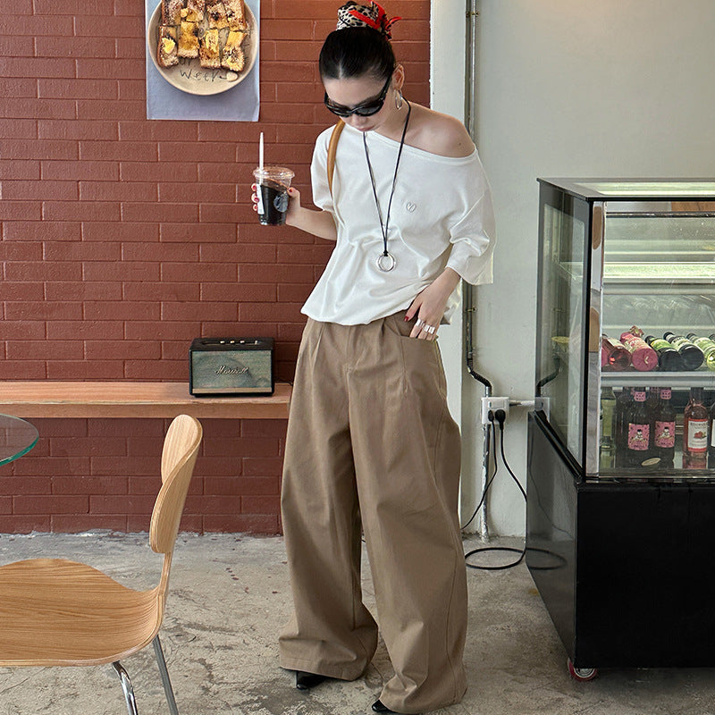 qgtao suede jacket outfit   Fish Fashionable Retro High Street Suit Pants Loose Wide Leg Lazy Solid Color Straight Casual Pants