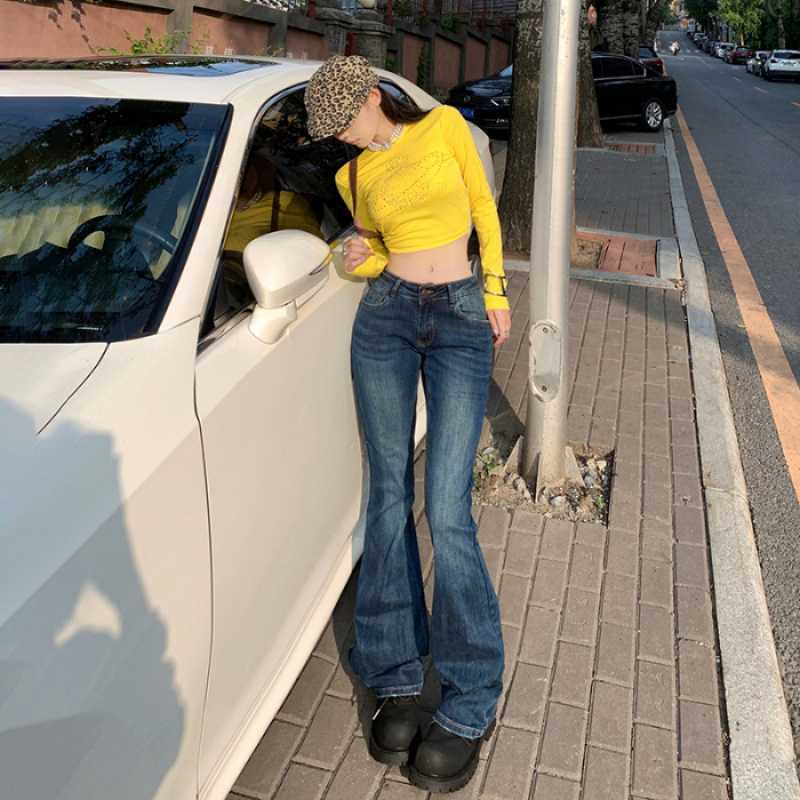 qgtao 2000s fashion American Retro Low Waist Hot Girl Flared Pants Slim Slimming Stretch Jeans Women's Autumn and Winter Trousers Lengthened