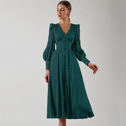 2025 spring new satin dress women's design lantern sleeves waist thin  temperament slim dress