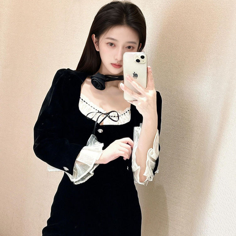 Premium super good-looking velvet dress autumn  new cuff splicing lace medium and long skirt M9170