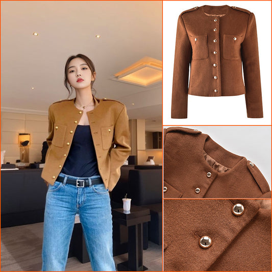 celebrity style thin short coat women's early autumn new double pocket small versatile crew neck jacket K6030