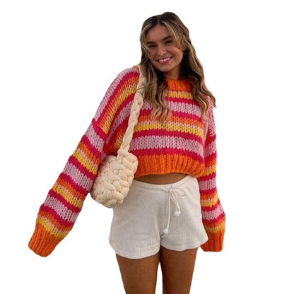 qgtao 2000s fashion Autumn and Winter New Striped Sweater Sweater round Neck Long Sleeve Loose Casual Pullover Sweater Top
