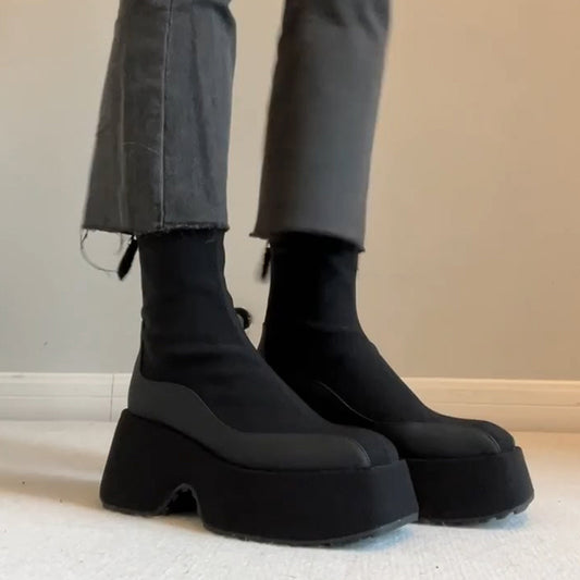 2025  Black Martin boots women's small thick-soled heightening zipper muffin bottom elastic thin boots after splicing