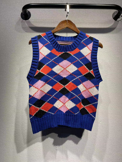 2025 Sapphire blue rhombus letter embroidery crew neck knitted vest vest vest women's college style vest sweater women's Korean version