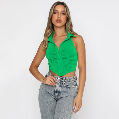 2025  women's clothing  summer new sleeveless top simple design sexy backless single-breasted small lapel shirt women