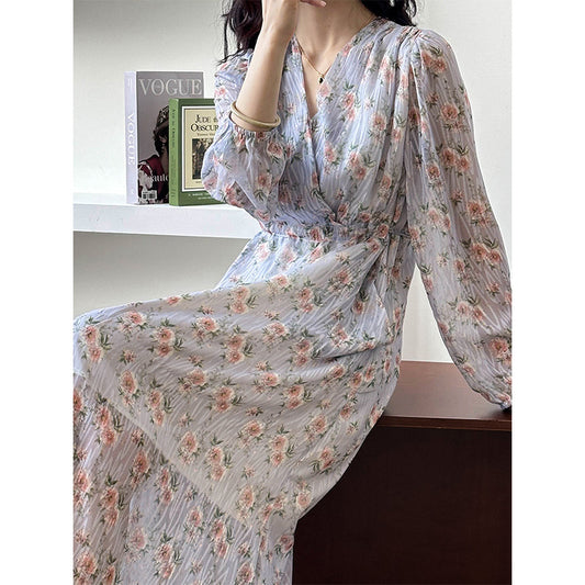 2025 2025 spring new Korean loose V-neck drawstring waist design long floral dress 2303