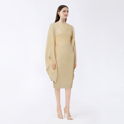 Solid color V-neck dress women's 2025 spring new Middle East loose temperament one-sleeved pleated medium and long skirt