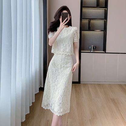 Hollow short-sleeved shirt women's skirt two-piece set 2025 summer new thin design small set