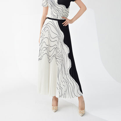 skirt a word female drape high sense elastic waist wavy pattern loose fashion temperament versatile pleated skirt