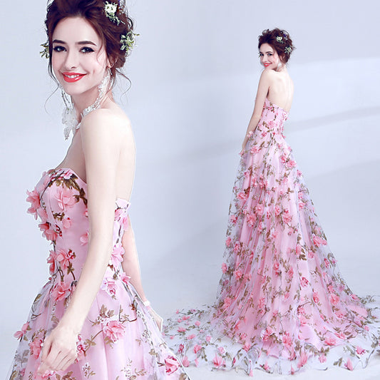 2025Evening dress women  spring and summer new bean pink tube top bride wedding banquet annual meeting evening dress factory supply