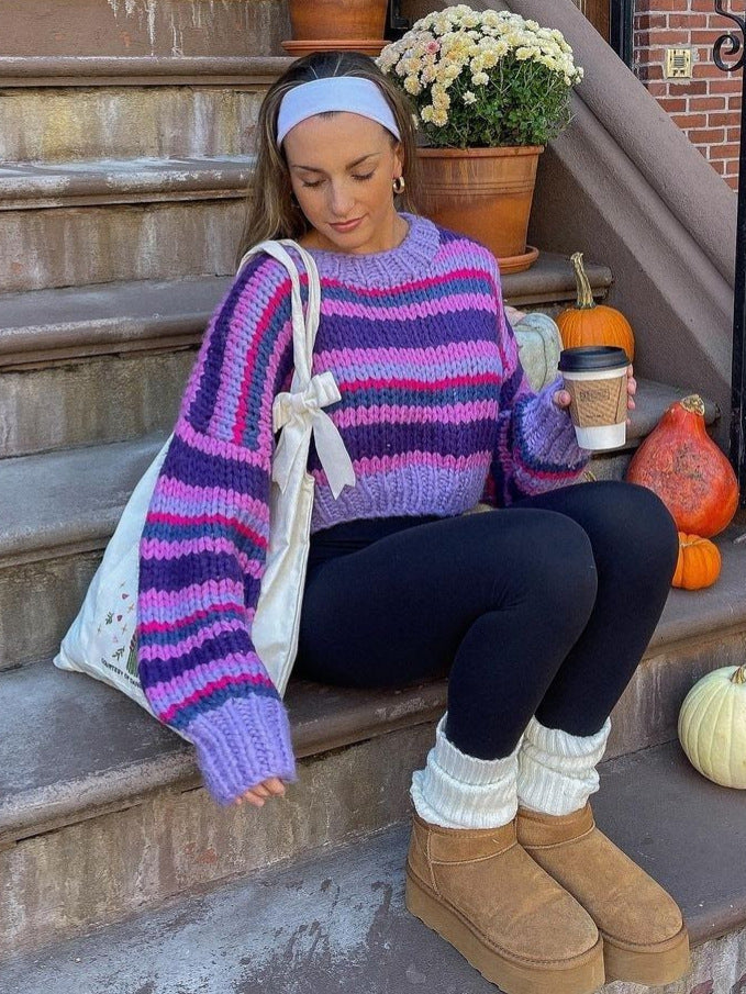 qgtao 2000s fashion Autumn and Winter New Striped Sweater Sweater round Neck Long Sleeve Loose Casual Pullover Sweater Top