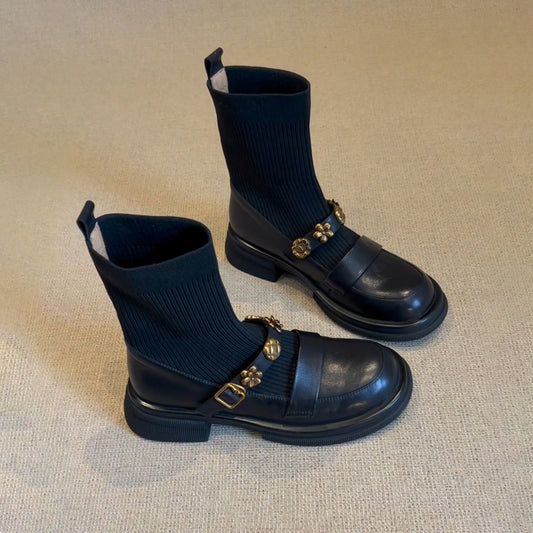 2025  Metal buckle small fragrant wind knitted elastic socks boots women's versatile round head thin short boots thick-soled Martin boots