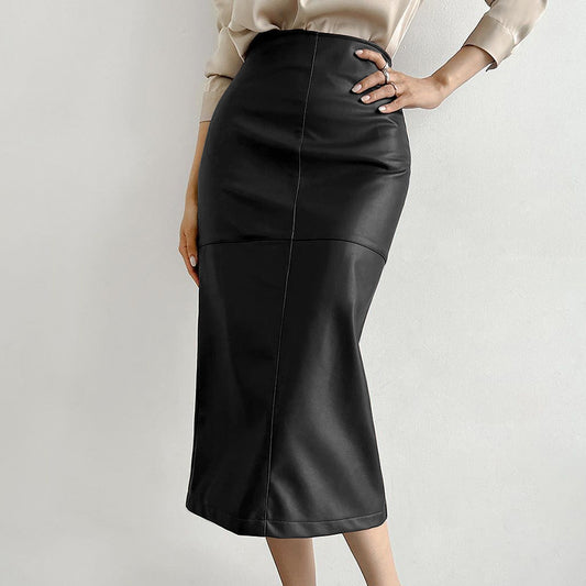 2025 Autumn and winter retro classic khaki velvet matte temperament thin PU leather high waist casual split skirt women