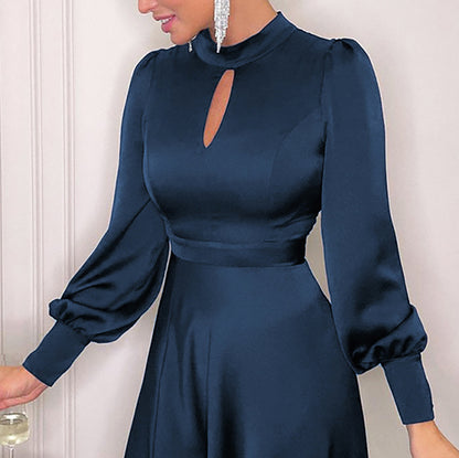 2025 popular spring clothing new satin simulation silk  dress temperament high  women's clothing high waist hollow dress