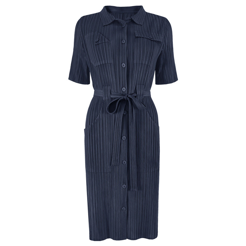 Large size dress 2025 spring new clothing slim high waist solid color pleated lapel medium and long wholesale women's clothing