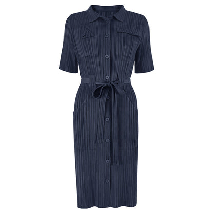 Large size dress 2025 spring new clothing slim high waist solid color pleated lapel medium and long wholesale women's clothing