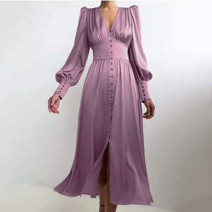2025 spring new satin dress women's design lantern sleeves waist thin  temperament slim dress