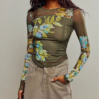 qgtao barn jacket outfits 2024 New Hot-Selling Mesh Double-Layer Spring and Summer Digital Printing Flower Hot-Selling Slim-Fit Long-Sleeved T-shirt for Women
