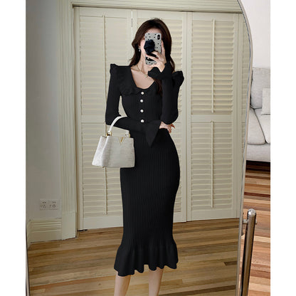 ruffle edge long-sleeved knitted dress women's small fragrance retro temperament lady hip-wrapped fishtail sweater skirt