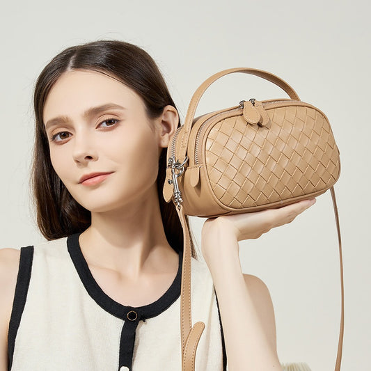 2025 Fashion woven versatile women's bag leather double zipper shoulder bag  summer new portable casual bag