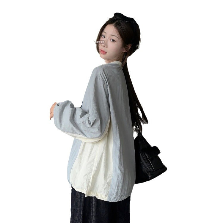 qgtao  clothing styles Street V-neck American Sports Contrast Color Sweater Spring and Autumn Women's Gray Stitching Letter Printed Elastic Top