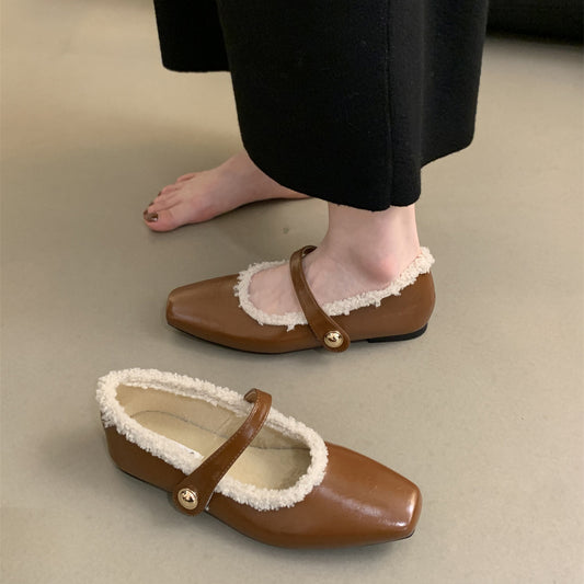2025  evening wind retro square head shallow mouth single shoes women's winter popular new Korean version temperament flat bottom velvet Mary Jane shoes