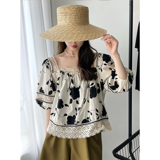 2025 popular Summer Vintage Printed Square Neck Lace Bubble Sleeve Splicing Hong Kong Style Shirt Medium Sleeve Top Women's 896