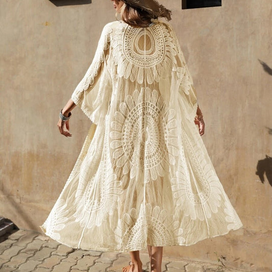 2025 Hot trade order beach sunscreen clothes hollow perspective beauty back lace crochet long-sleeved dress bikini blouse