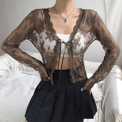 qgtao 90s fashion Retro Lace Jacquard Lace-up Long-Sleeved Cardigan Summer Short Women's Sexy See-through Dress Outer Blouse Top