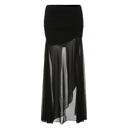 2025 style popular summer new women's clothing sexy fashion black mesh transparent slit skirt skirt