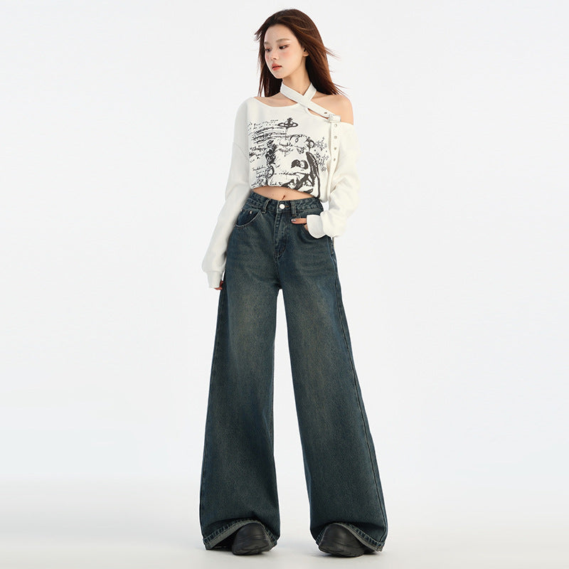2025 n retro wide-leg curled jeans women's new high-waisted loose-flared pants in autumn and winter popular