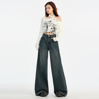 2025 n retro wide-leg curled jeans women's new high-waisted loose-flared pants in autumn and winter popular